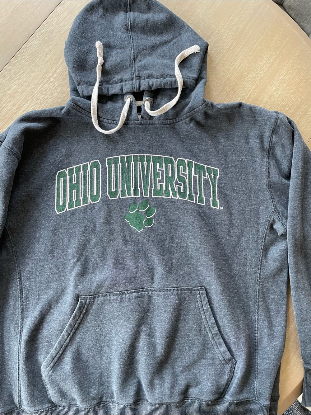 Ohio University hoodie - J. America Vintage Gray Hoodie with Green Print logo.